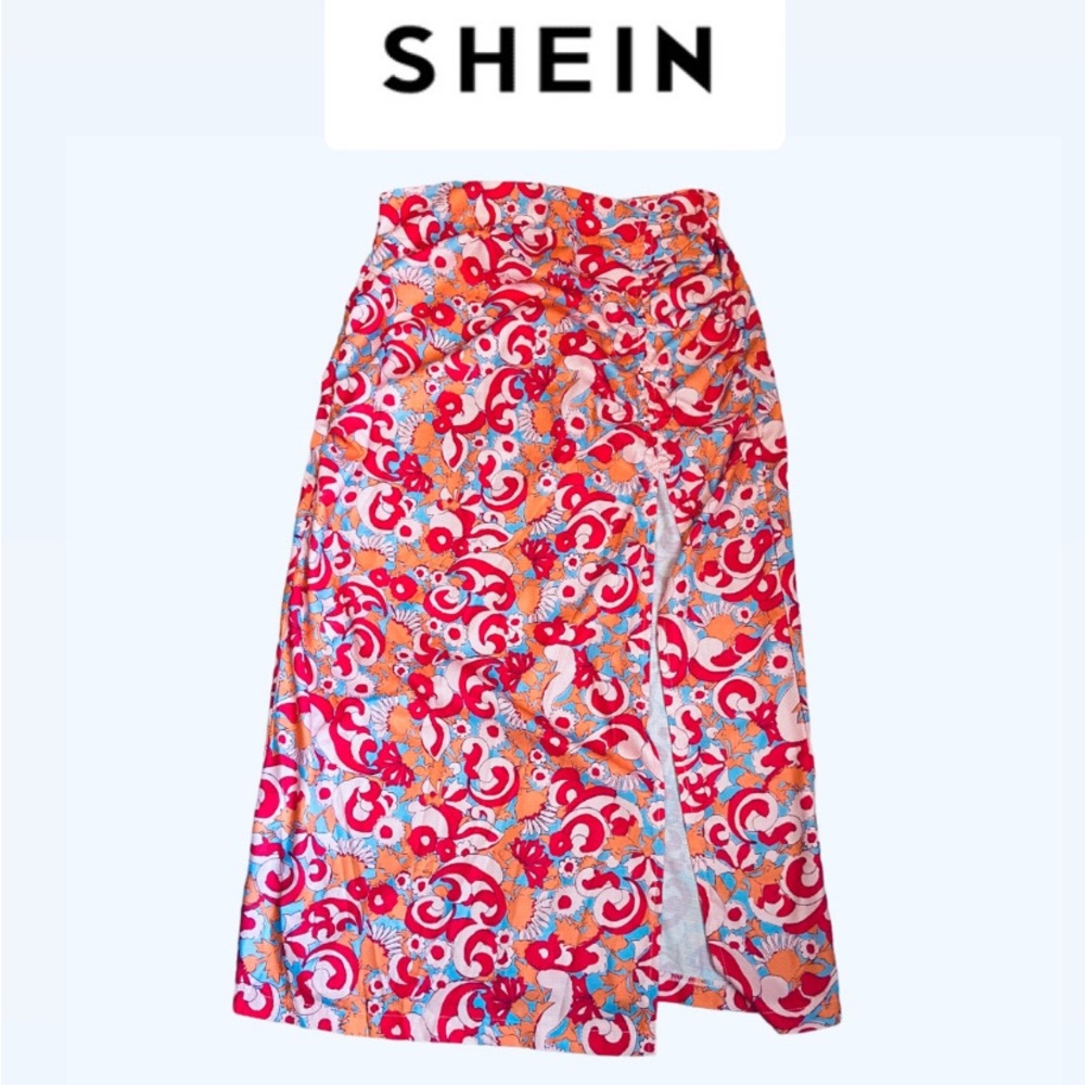 🌟🔥 BOGO Sale🔥🌟 SHEIN Pink/Orange Paisley Print Ruched Skirt Size Large